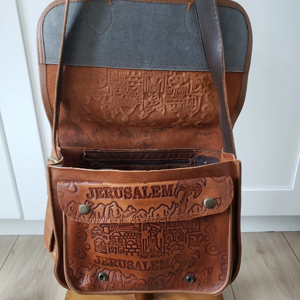 Holy Land Jerusalem Messenger Bag Unisex Medium Brown Leather Tooled Souvenir